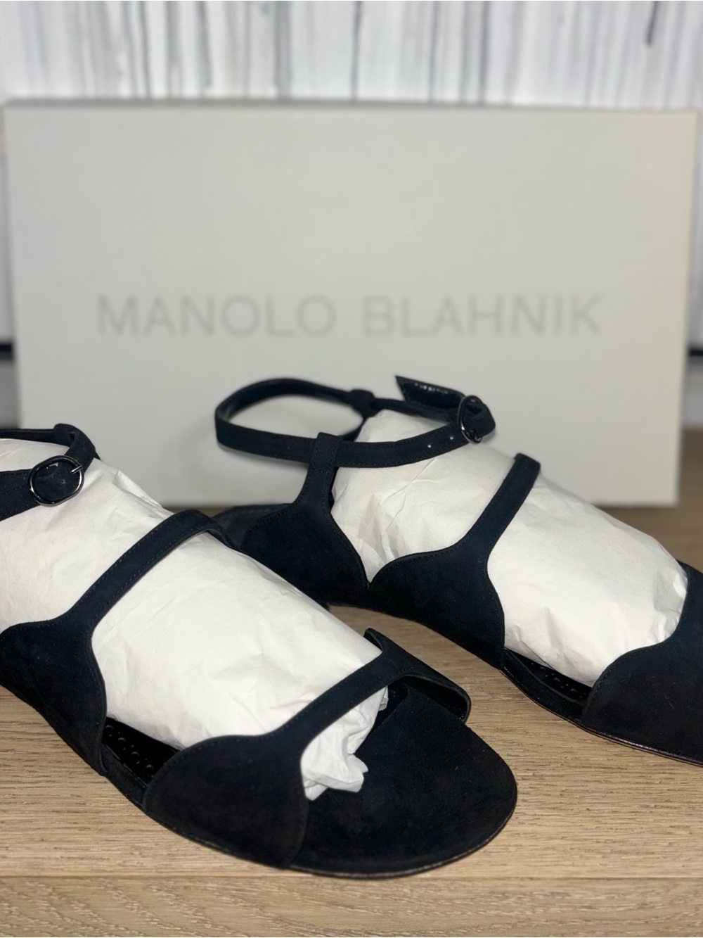 Manolo Blahnik Black Suede T-Strap Sandals with Ankle Buckle